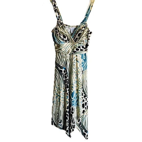 La Belle Fun Print Summer Dress Size‎ Medium Green Blue Brown - Picture 1 of 7